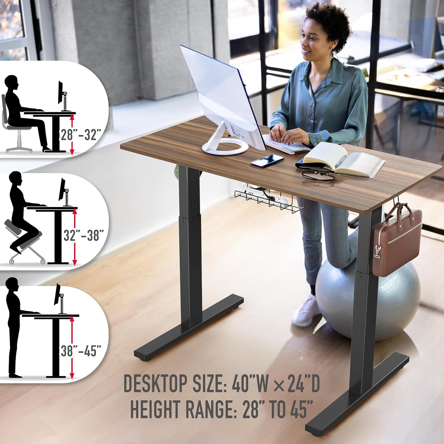 Auralis™ 40 - Inch Smart Electric Desk – Walnut with Drawer, Cable Management & Memory Height Presets - cozylittledwell