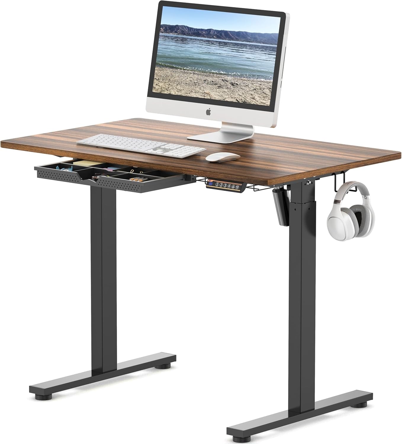 Auralis™ 40 - Inch Smart Electric Desk – Walnut with Drawer, Cable Management & Memory Height Presets - cozylittledwell
