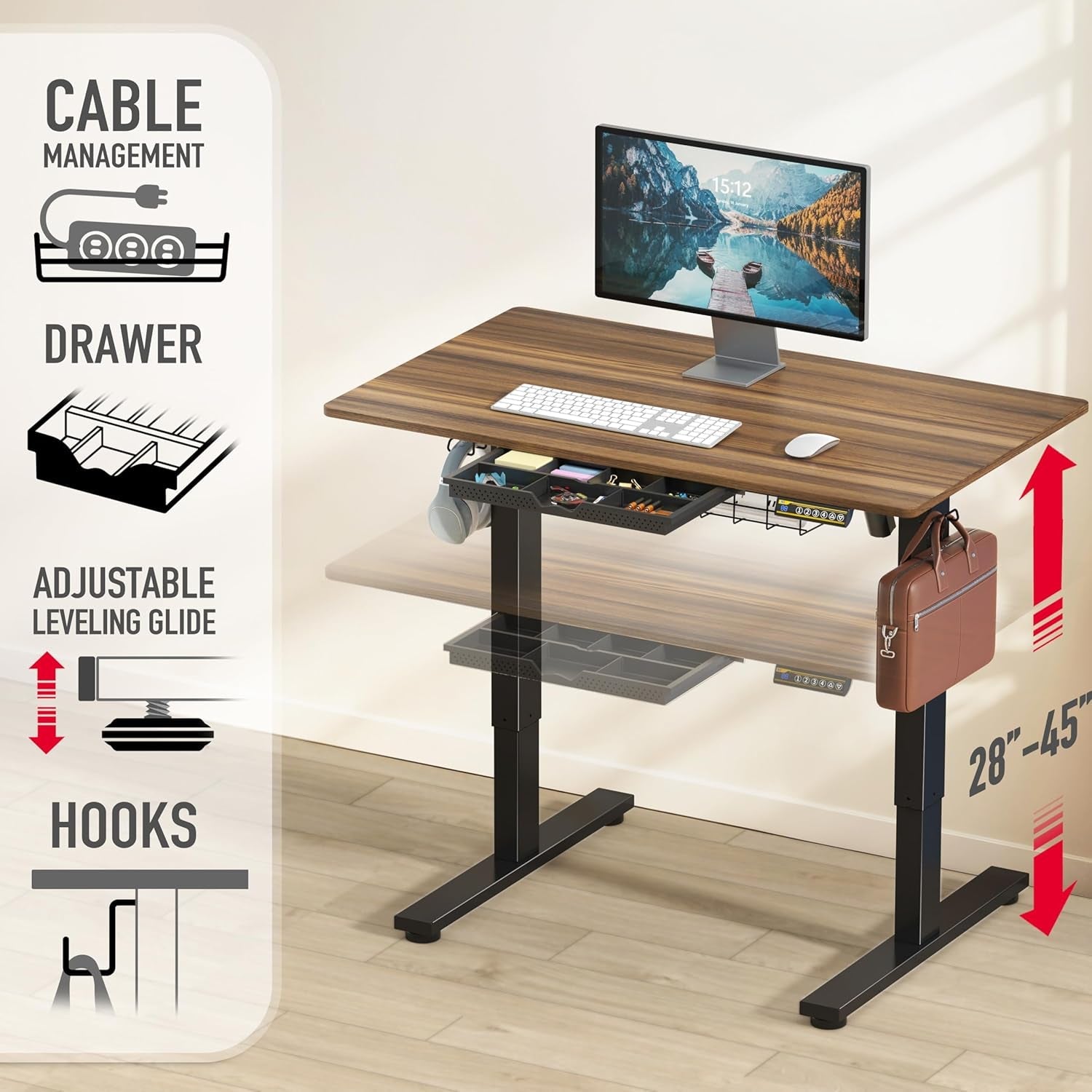 Auralis™ 40 - Inch Smart Electric Desk – Walnut with Drawer, Cable Management & Memory Height Presets - cozylittledwell